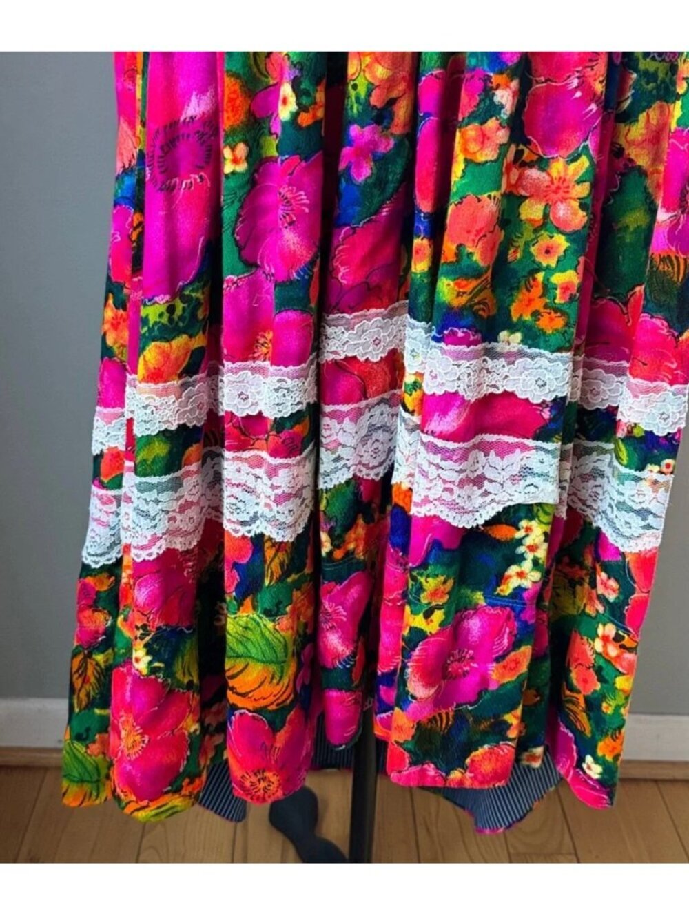 Handmade vintage psychedelic Dayglow floral bark cloth halter dress midi S/M - Picture 4 of 10